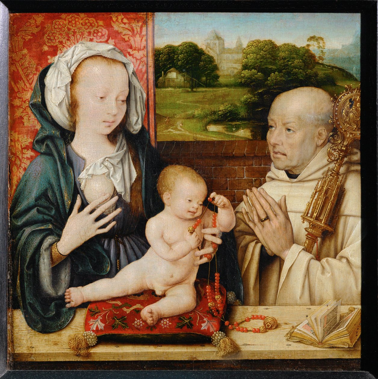 Jungfrau und Kind mit dem heiligen Bernhard von Clairvaux. Im Hintergrund die Abtei von Cluny von Joos van Cleve