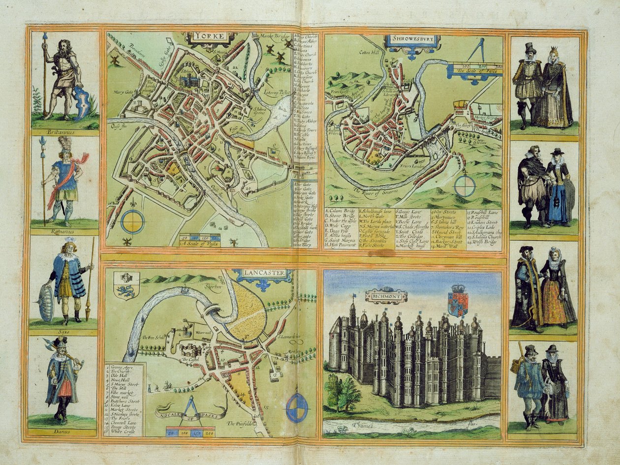 Karten von York, Shrewsbury, Lancaster und Richmond, aus 