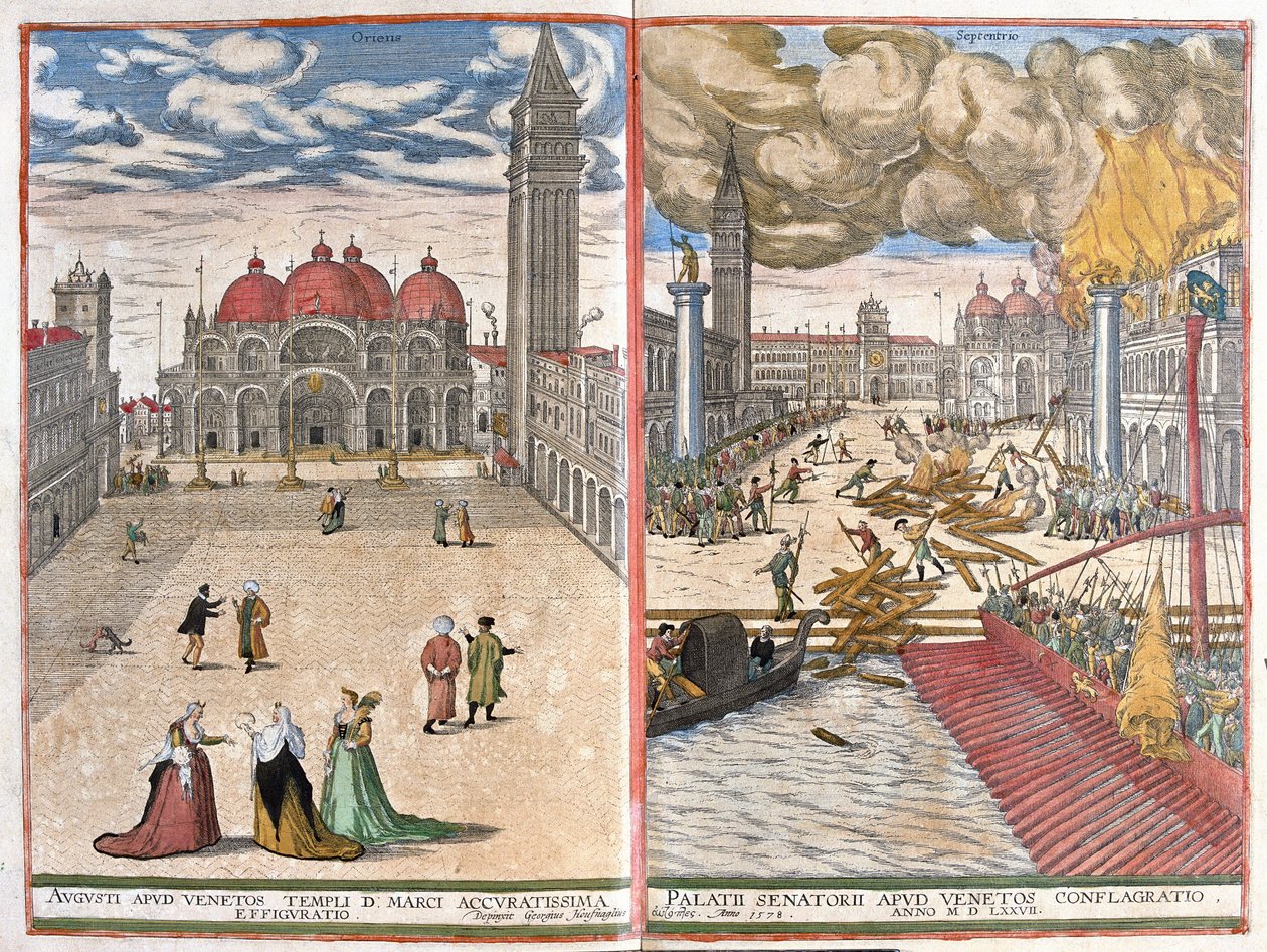 Venedig, Italien: Kirche St. Markus und das Feuer im Dogenpalast von Venedig im Jahr 1577 (Zeichnung) von Joris Hoefnagel