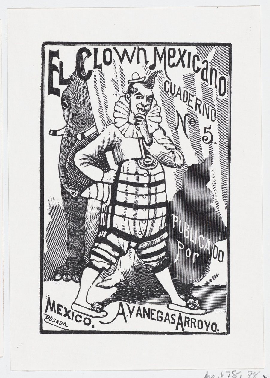 Ein Clown steht mit einer Hand in der Hüfte und ein Elefant lugt dahinter hervor, ca. 1880-1910 von José Guadalupe Posada