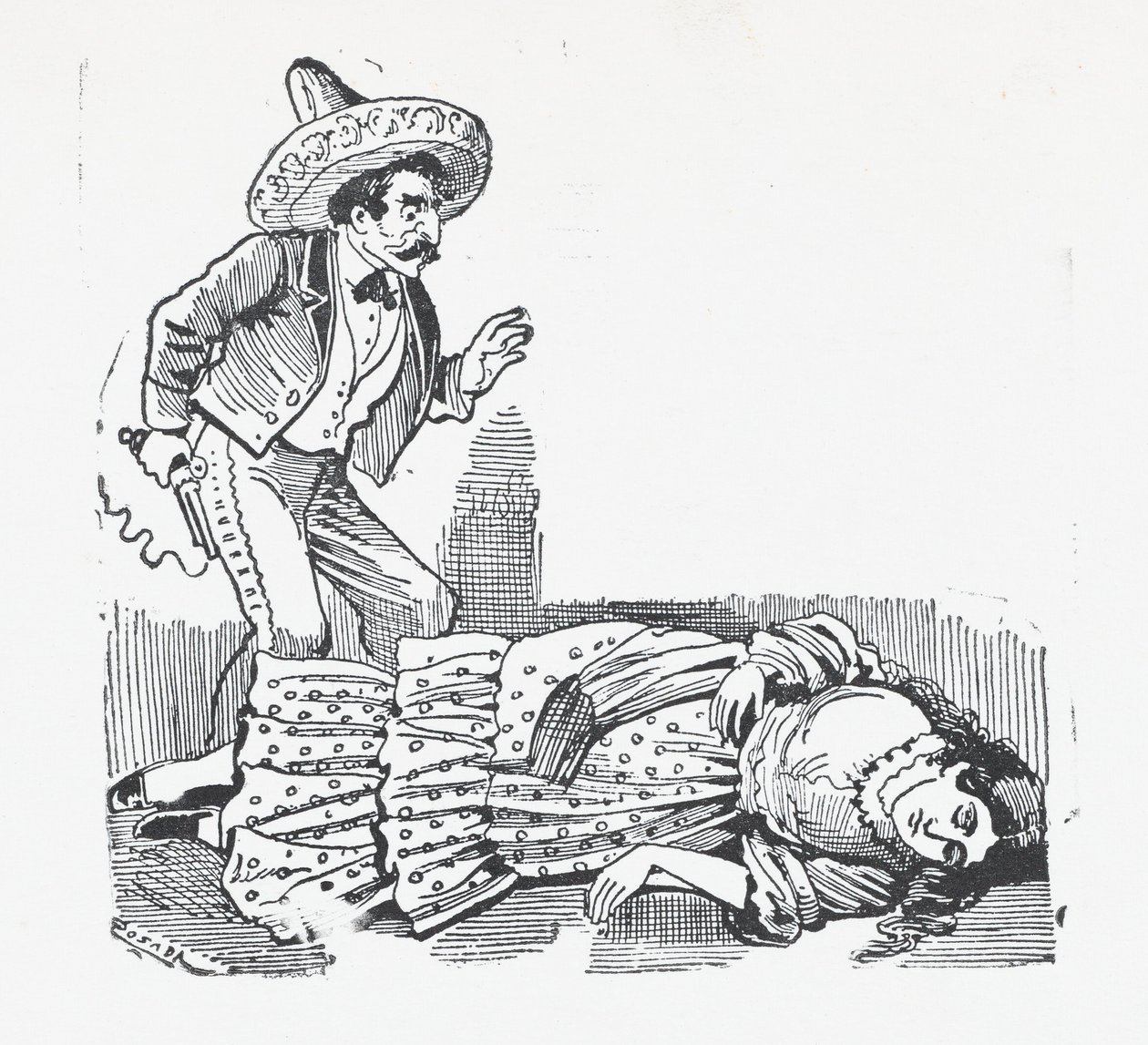 Ein Mann mit einer Waffe steht über einer Frau, die er gerade erschossen hat von José Guadalupe Posada