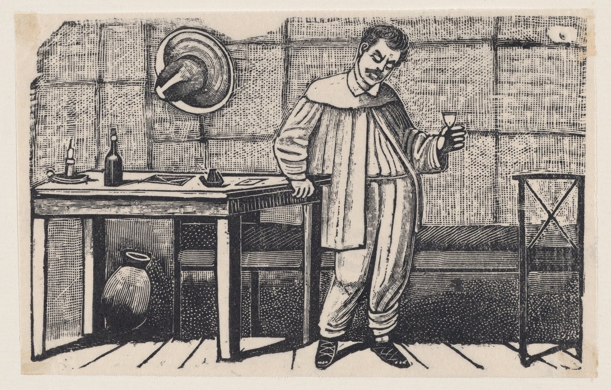 Ein Mann mit einem Glas in der Hand, der nach unten blickt und sich auf einen Tisch stützt, eine Illustration aus „El huérfano“ von José Guadalupe Posada