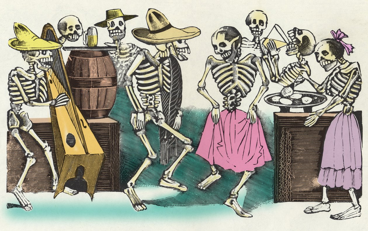 Die lebenden Toten: „Gran Fandango y Francachela de todas las Calaveras“, Xylographie von José Guadalupe Posada, die die Feierlichkeiten des Tags der Toten (1. November) illustriert. Mexiko von Jose Guadalupe Posada