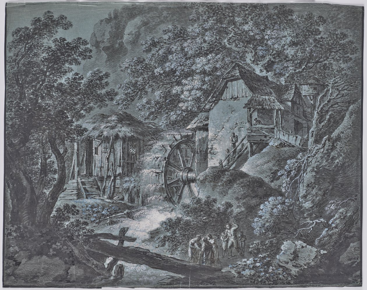 Mühle in Waldlandschaft mit mehreren Personen und einem Riesen von Josef Abel