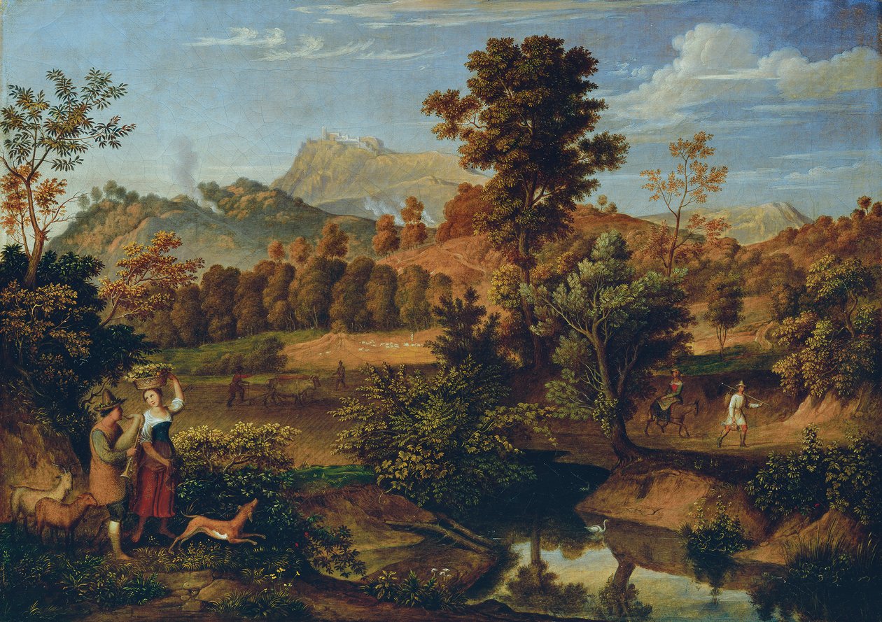 Italienische Landschaft mit pflügendem Landmann (Die Serpentara bei Olevano, Landschaft bei Paliano) von Josef Anton Koch