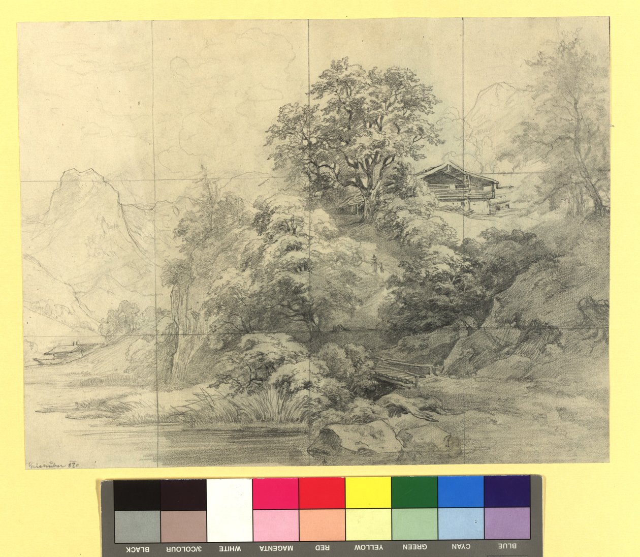 Gebirgslandschaft mit Bauernhöfen von Josef Kriehuber