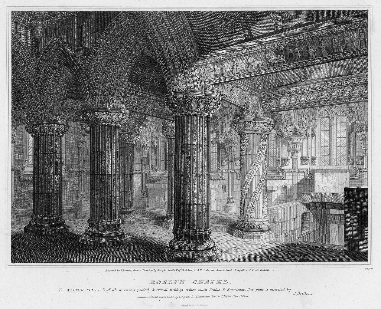 Roslyn Chapel, graviert von J. Burnett, 1810