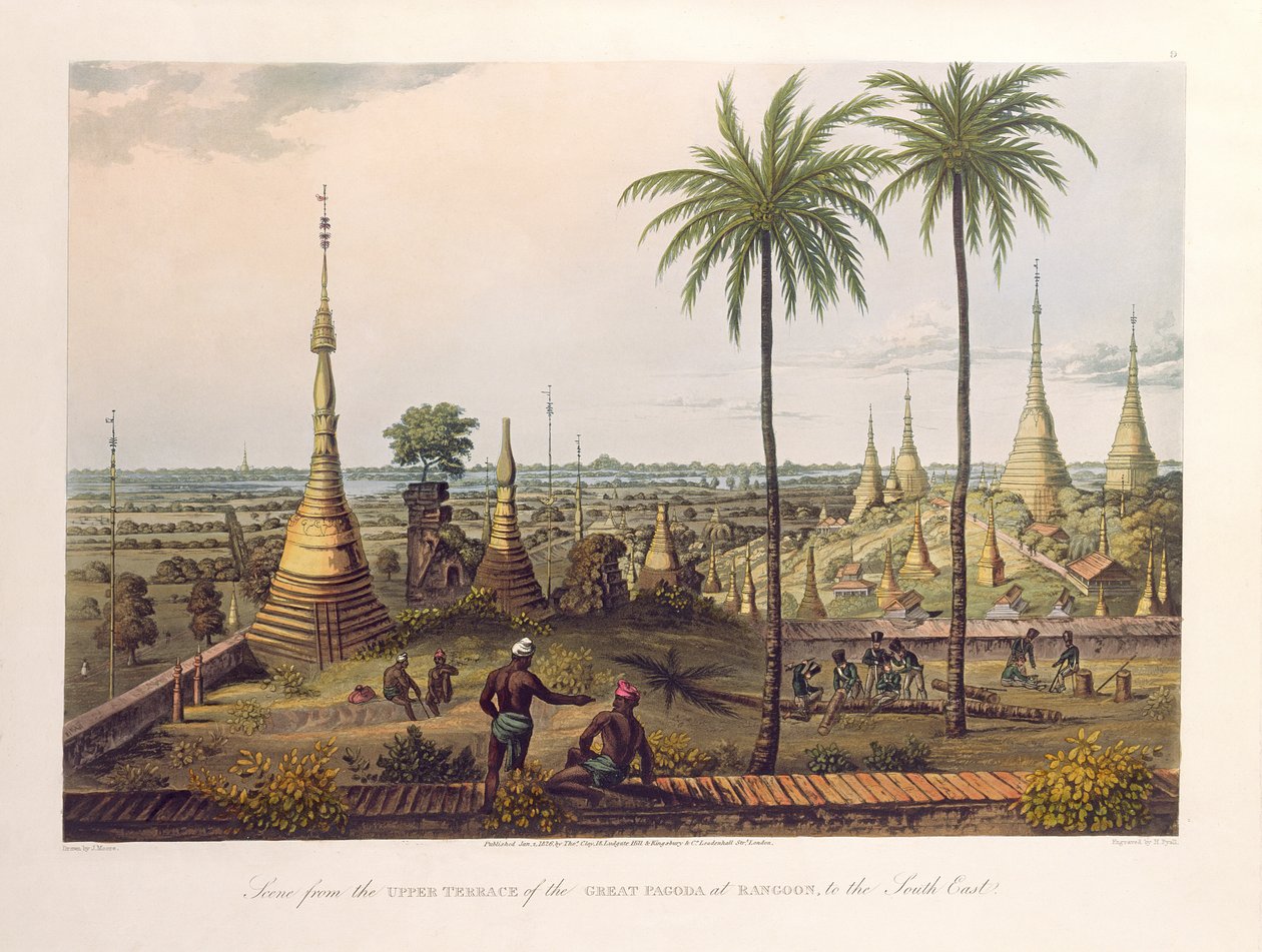 Szene von der oberen Terrasse der Großen Pagode in Rangoon, nach Südosten, gestochen von H. Pyall, veröffentlicht von Kingsbury und Co., 1826 von Joseph Moore