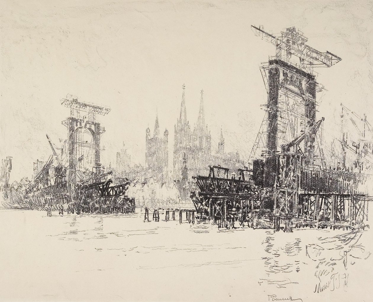 Bau der Brücke in Köln, 1914 von Joseph Pennell