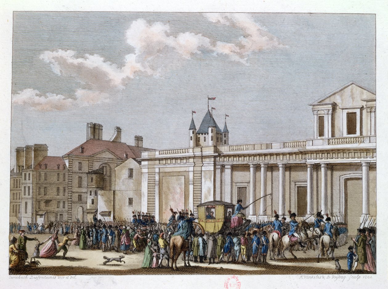 Ludwig XVI. (1754-93) und seine Familie werden zum Tempel gebracht, 13. August 1792, graviert von Reinier Vinkeles (1741-1816) und Daniel Vrydag (1765-1822) 1801 von Joseph Swebach Desfontaines