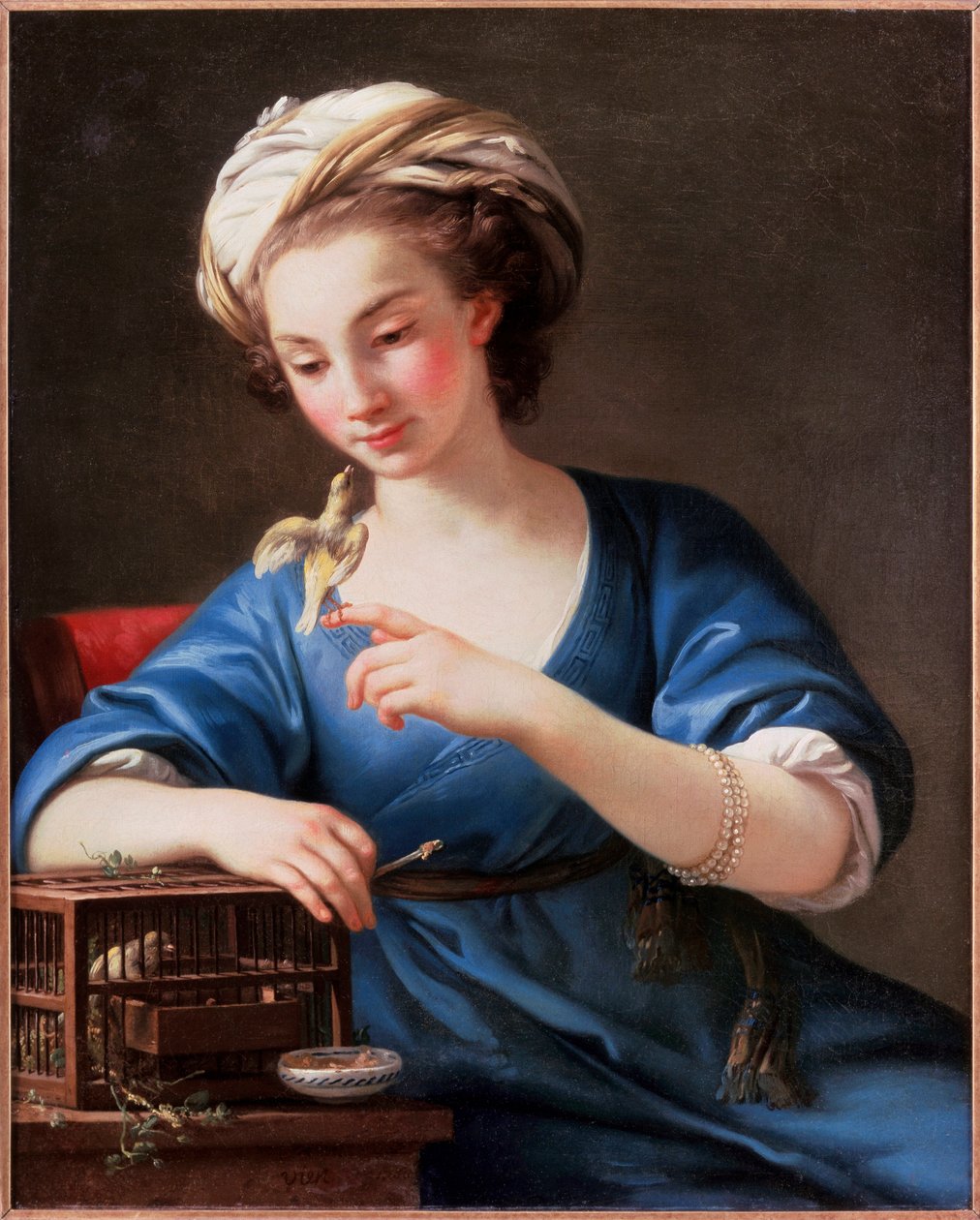 Junge Frau im türkischen Kostüm spielt mit einem Vogel, der aus ihrem Käfig entkommen ist. Sie trägt einen Turban und ein Perlenarmband, Gemälde von Joseph-Marie Vien von Joseph-Marie the Elder Vien