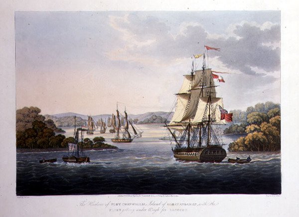 Der Hafen von Port Cornwallis. Insel Great Andaman, mit der Flotte auf dem Weg nach Rangoon, gestochen von G. Hunt, veröffentlicht von Kingsbury & Co., London von Joseph (after) Moore