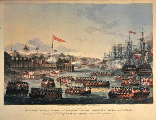 Ansicht der Landung in Rangoon eines Teils der kombinierten Streitkräfte aus Bengalen und Madras, unter dem Befehl von Sir Archibald Campbell, am 11. Mai 1825, graviert von Henry Pyall von Joseph (after) Moore
