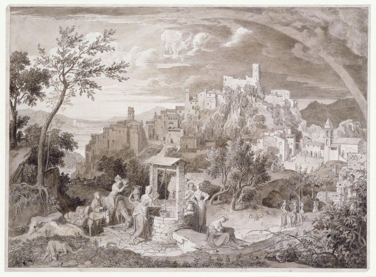 Ansicht der Stadt Olevano (Provinz Rom, Italien) mit dem Regenbogen von Joseph Anton Koch
