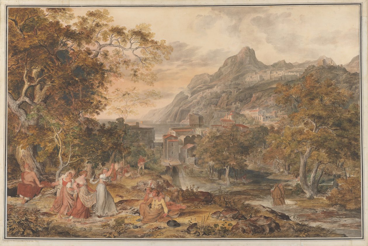 Blick auf Vietri mit tanzenden Landfrauen im Vordergrund von Joseph Anton Koch