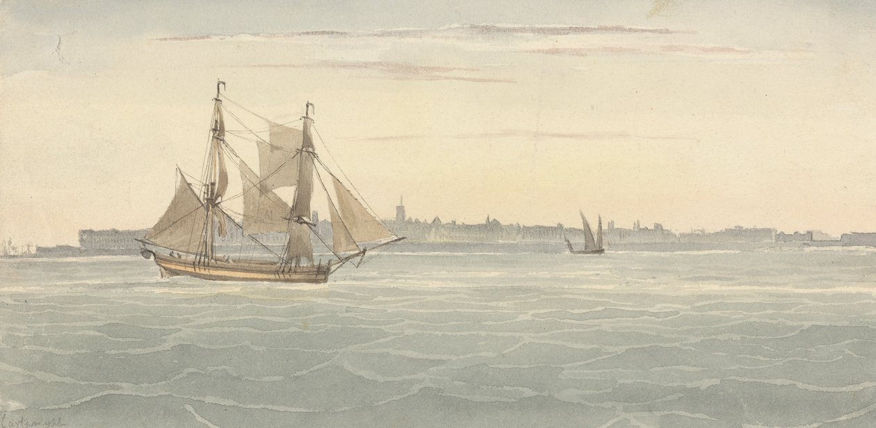 Einzelner Schoner (?) Ein weiteres Segelschiff gegen die Silhouette der Stadt im Hintergrund von Joseph Cartwright