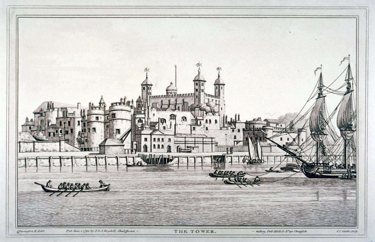 Südansicht des Tower of London mit Booten auf der Themse, 1795 von Joseph Constantine Stadler