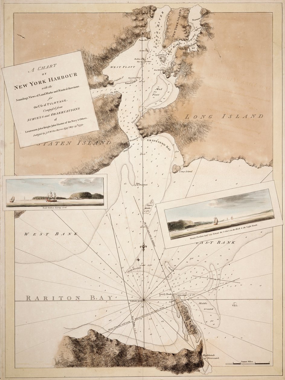 Karte des New Yorker Hafens mit Tiefenmessungen, Landansichten und nautischen Anweisungen für die Navigation von Joseph Frederick Wallet DesBarres