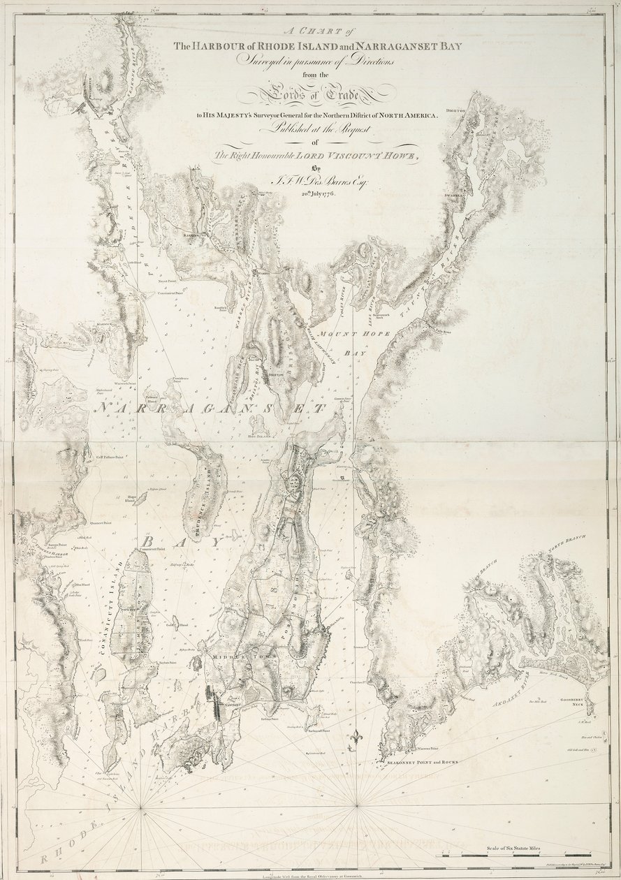 Eine Karte des Hafens von Rhode Island und der Narraganset-Bucht von Joseph Frederick Wallet DesBarres