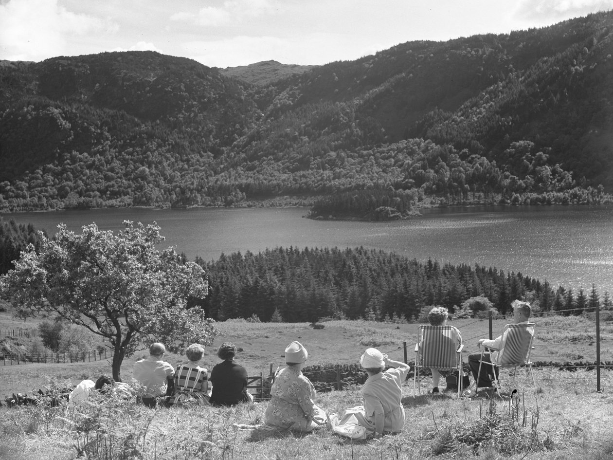 Gruppe von Menschen sitzt auf Gras oder Liegestühlen und schaut auf eine Aussicht von Thirlmere von Joseph Hardman