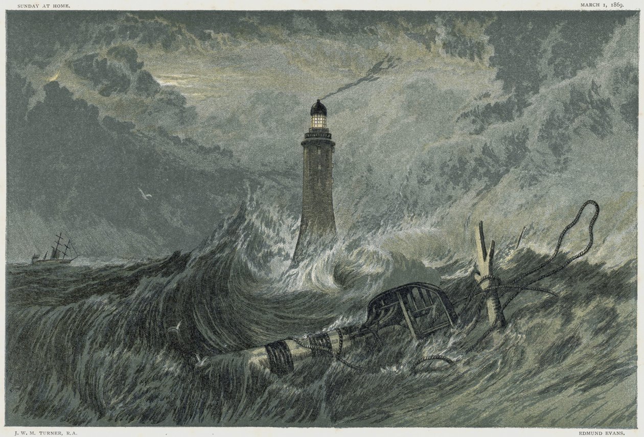 Eddystone-Leuchtturm, gebaut auf dem Eddystone-Felsen von dem englischen Bauingenieur John Smeaton von 1757-1759. Chromolithographie nach einem Gemälde von JMW Turner von Joseph Mallord William Turner