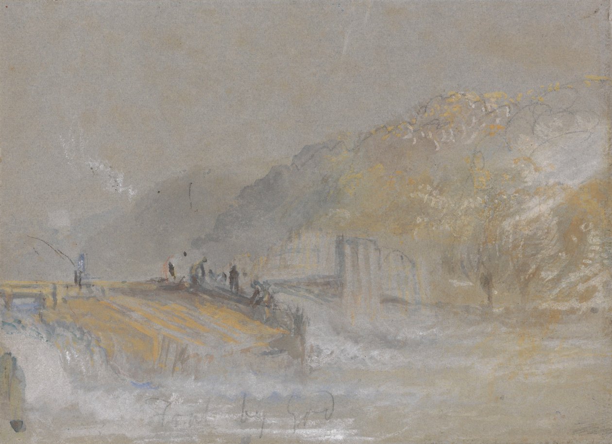 Flusslandschaft mit Anglern, die von einem Wehr aus fischen von Joseph Mallord William Turner