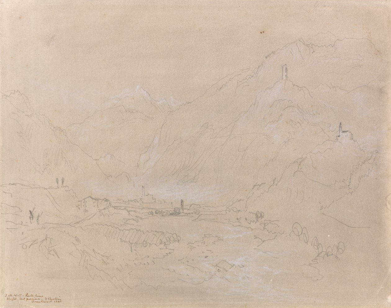 Gebirgslandschaft mit Stadt im Tal (ca. 1840) (Graphit und graue Waschung auf Papier) von Joseph Mallord William Turner