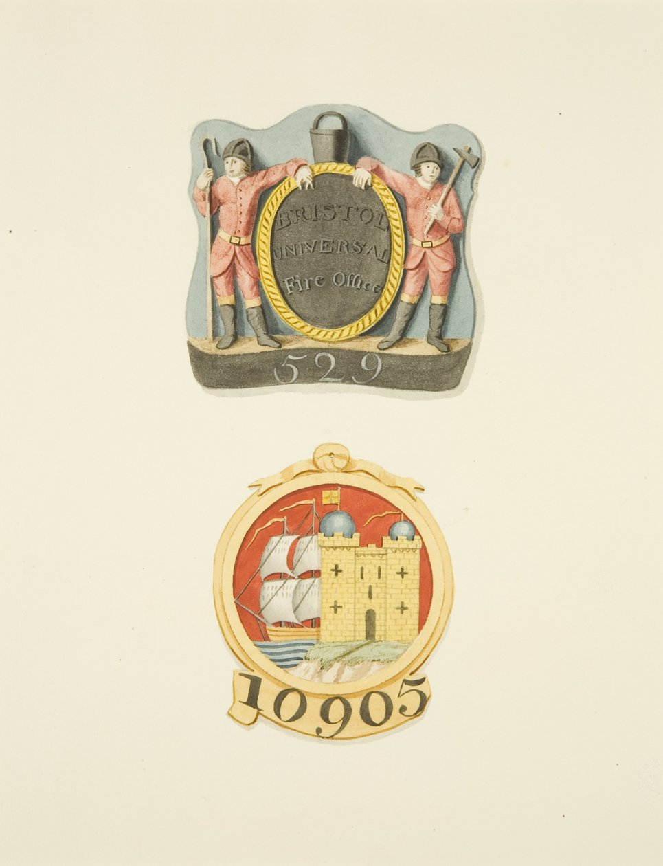 Hausabzeichen oder Feuermarken der Bristol Universal und Bristol Fire Offices von Joseph Manning