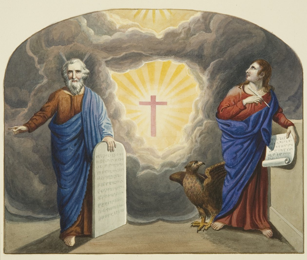 Bemaltes Fenster über dem Altar der Christ Church, zeigt Moses und St. Johannes den Evangelisten von Joseph Manning