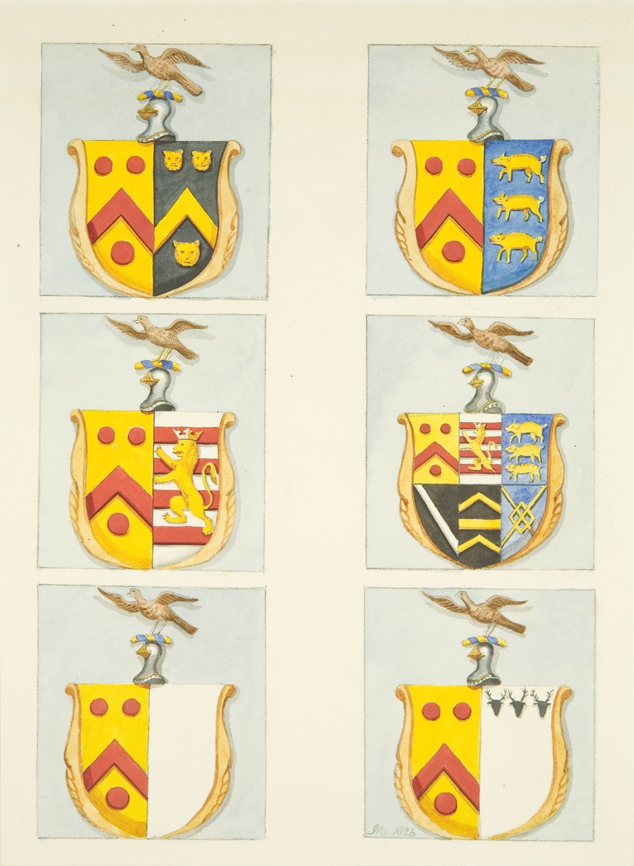 Sechs Wappen in Buntglasfenstern in den nördlichen und südlichen Seitenschiffen (östliches Ende) der Kathedrale von Bristol von Joseph Manning