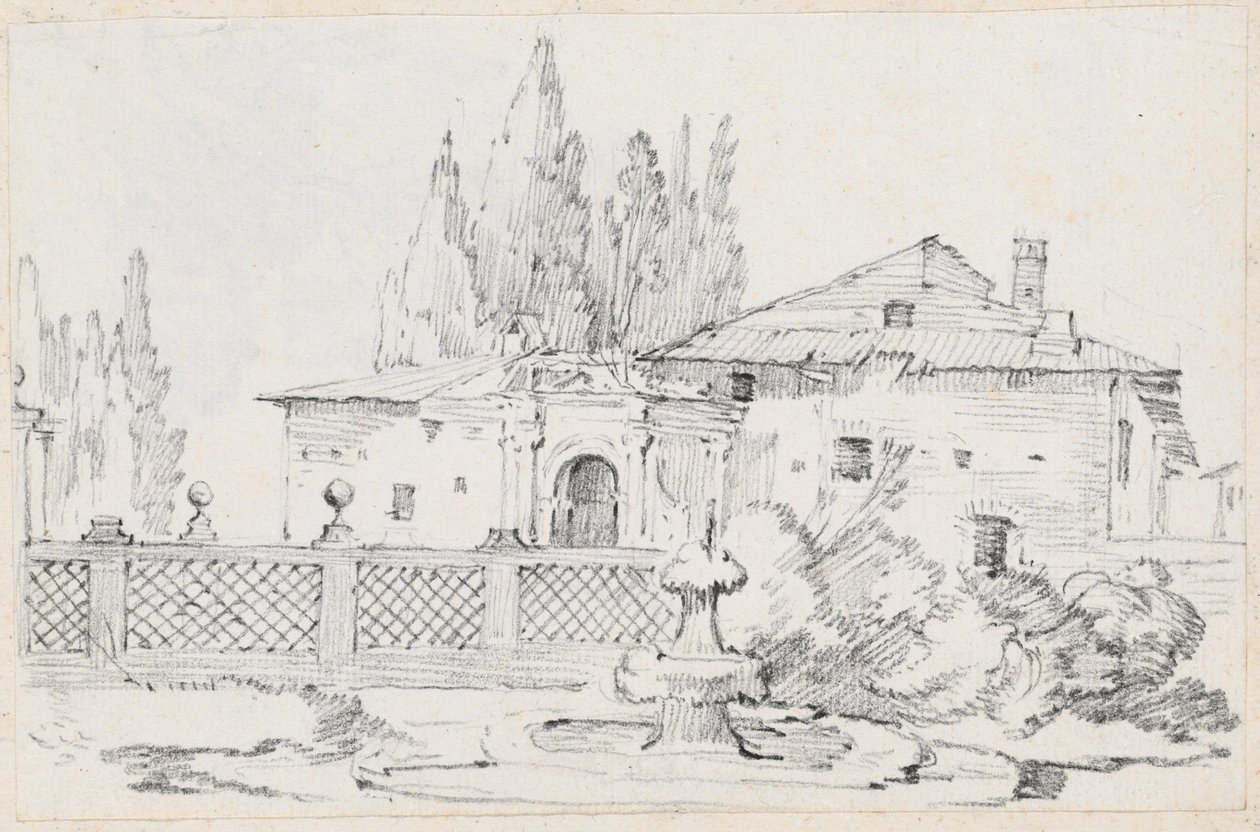 Haus und Bäume hinter einer Gartenmauer von Joseph Marie Vien