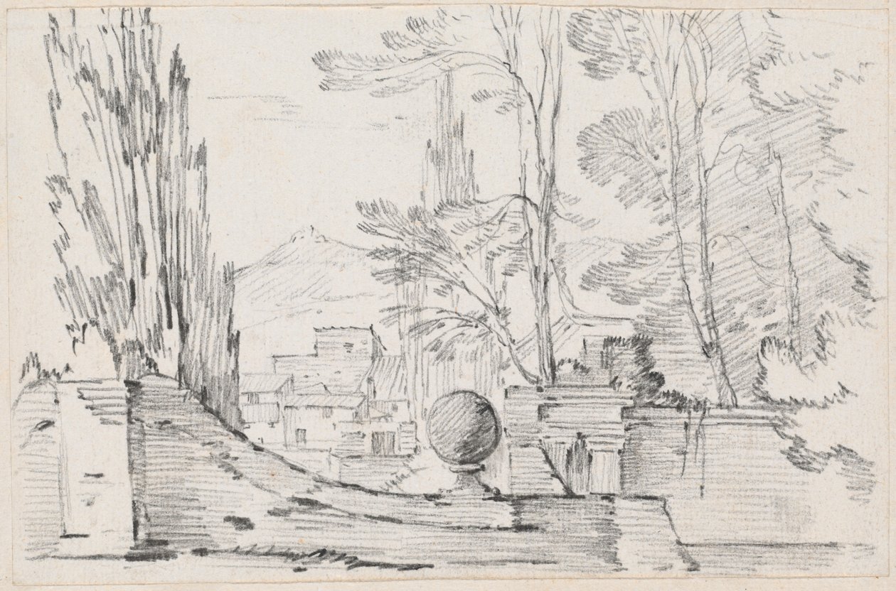 Blick über die Mauer eines italienischen Gartens von Joseph Marie Vien