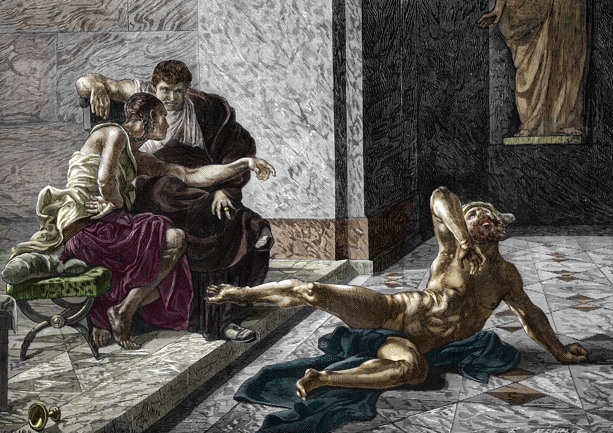 Darstellung des römischen Giftmischers Locusta, der an der Seite von Kaiser Nero (37-68) ein Gift an einem seiner Sklaven testet, das für seinen Bruder Britannicus (41-55) bestimmt ist, 55. Gravur nach einem Gemälde von Joseph-Noel Sylvestre (1847-1926) 18 von Joseph Noel (after) Sylvestre