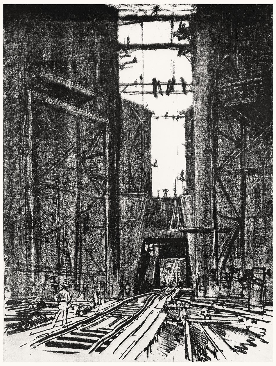 Am Boden der Gatun-Schleuse, Platte IV aus Der Panamakanal von Joseph Pennell, 1912 von Joseph Pennell