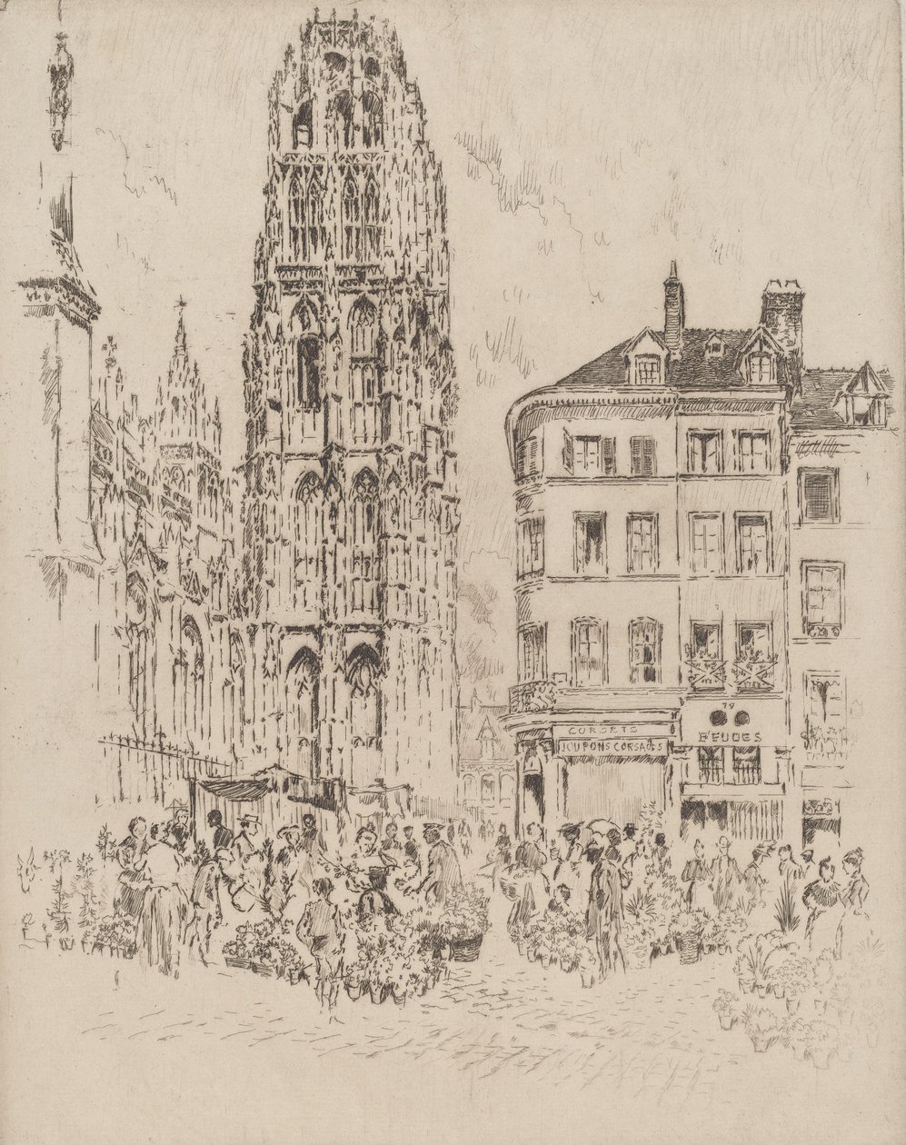 Blumenmarkt und Butterturm, Rouen, 1907 von Joseph Pennell