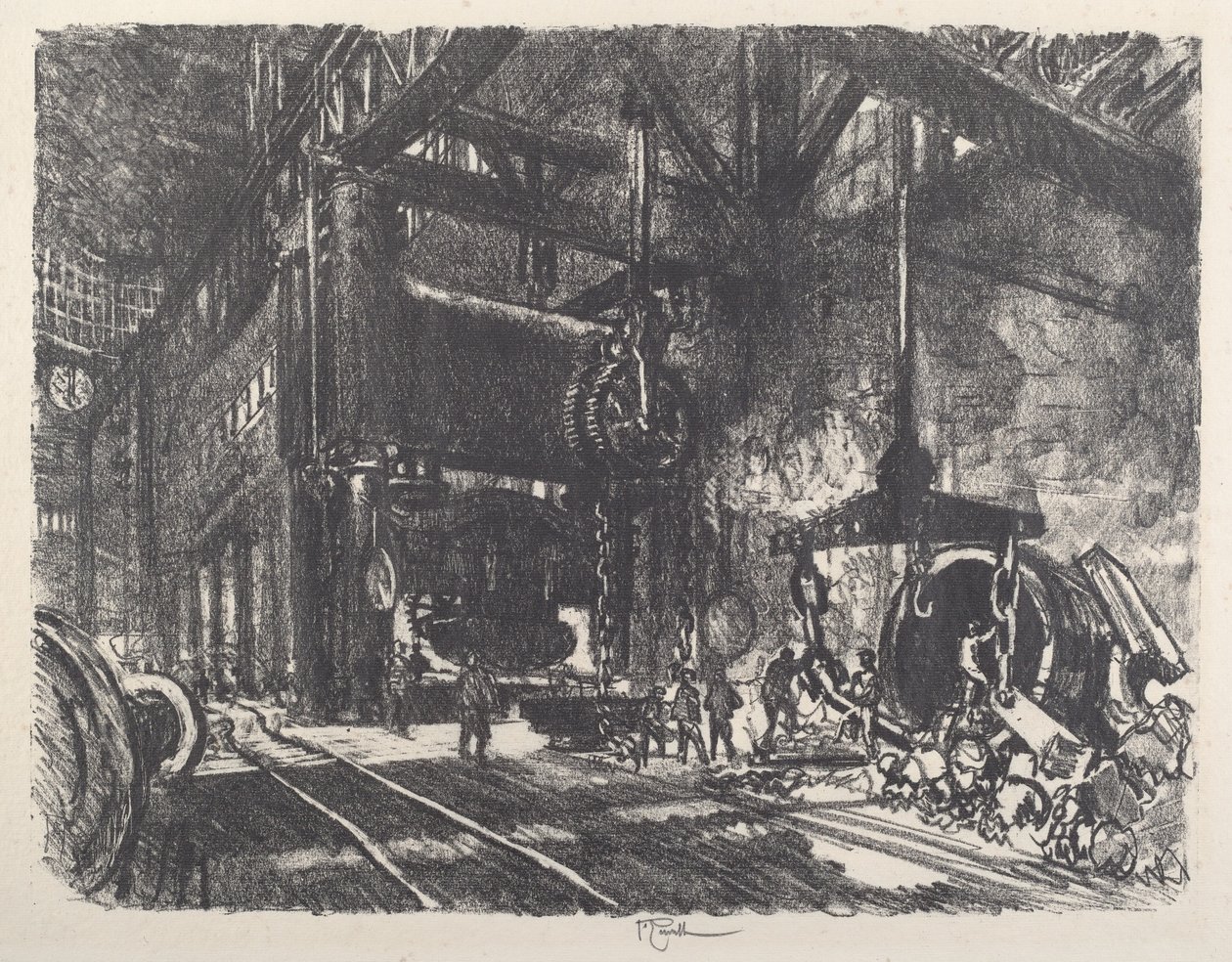 Im Land von Brobdingnag, die Panzerplatten-Biegepresse, 1917 von Joseph Pennell