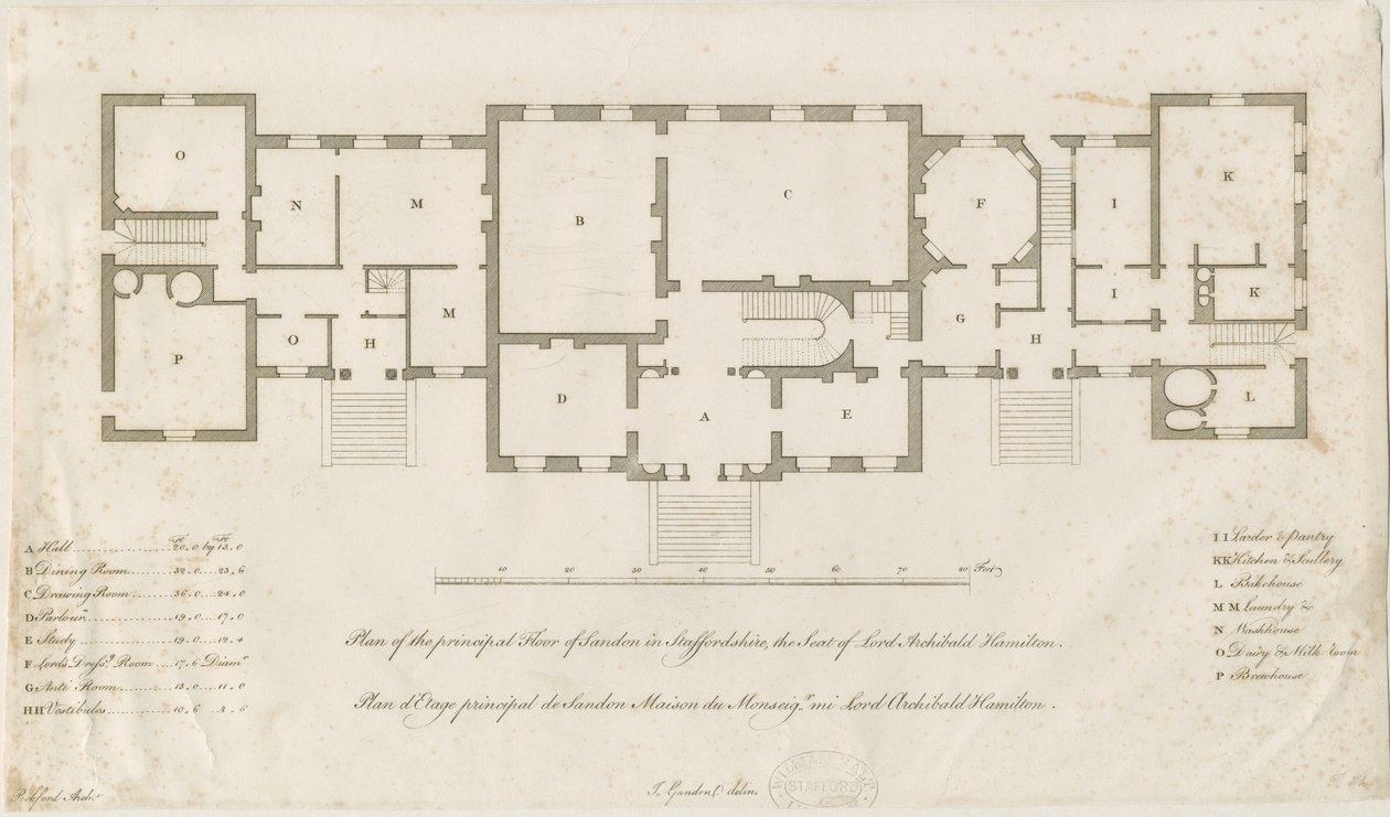 Sandon Hall - Plan des Hauptgeschosses: Gravur, undatiert [1769-1771] von Joseph Pickford