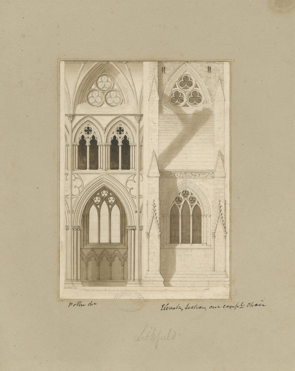 Innenraum der Kathedrale von Lichfield - Schiff: Sepia-Zeichnung von Joseph Potter
