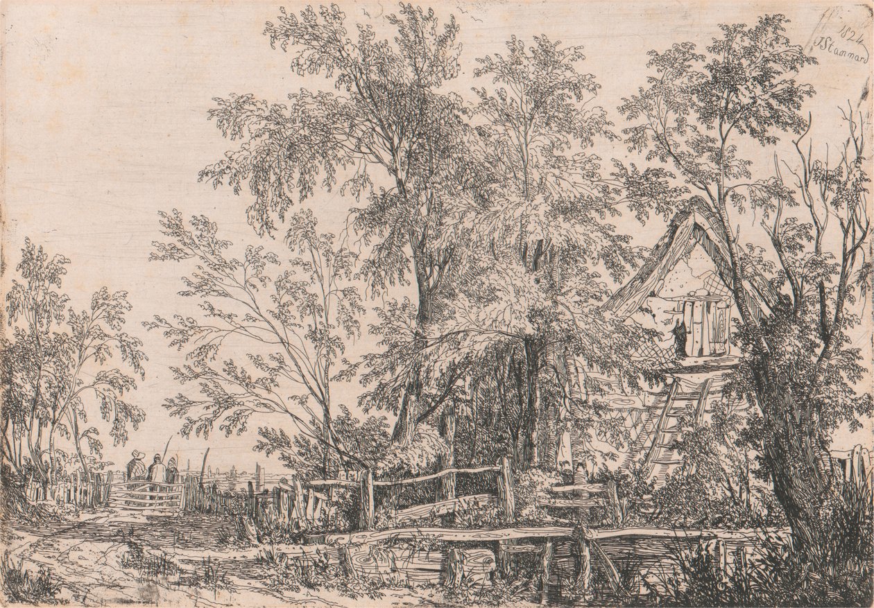 Verfallenes Häuschen in Landschaft mit Figuren von Joseph Stannard