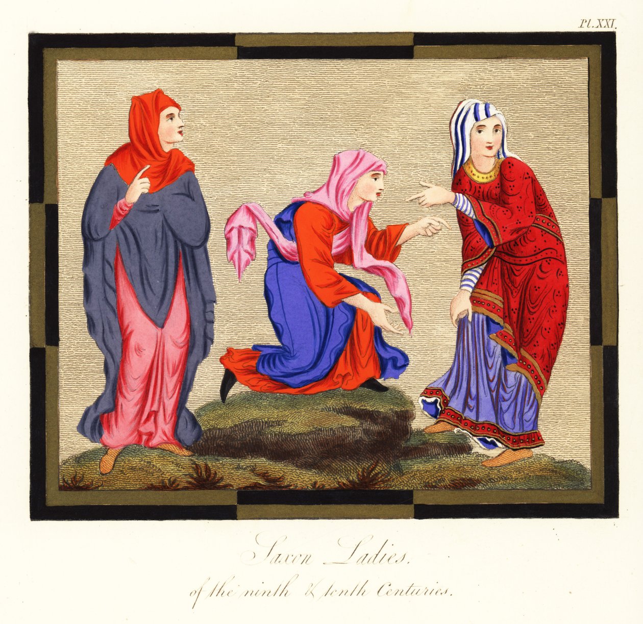 Angelsächsische Frauenkostüme, 9. und 10. Jahrhundert (Kupferstich) von Joseph Strutt