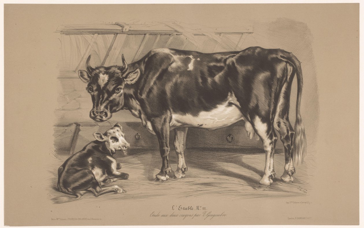 Koe met kalf in een stal von Joseph Zephyris Gengembre