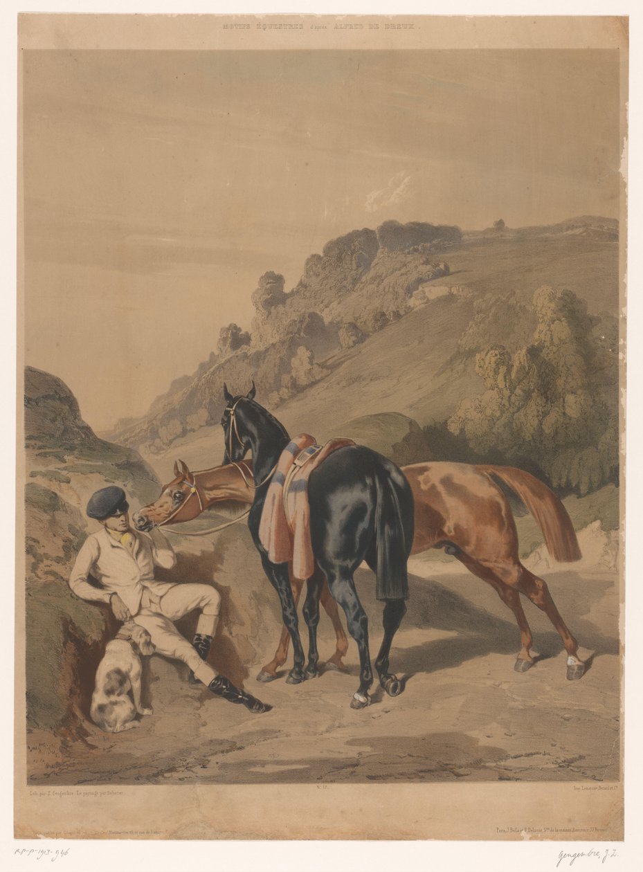 Zwei Pferde mit ruhendem Reiter in einer Landschaft von Joseph Zephyris Gengembre
