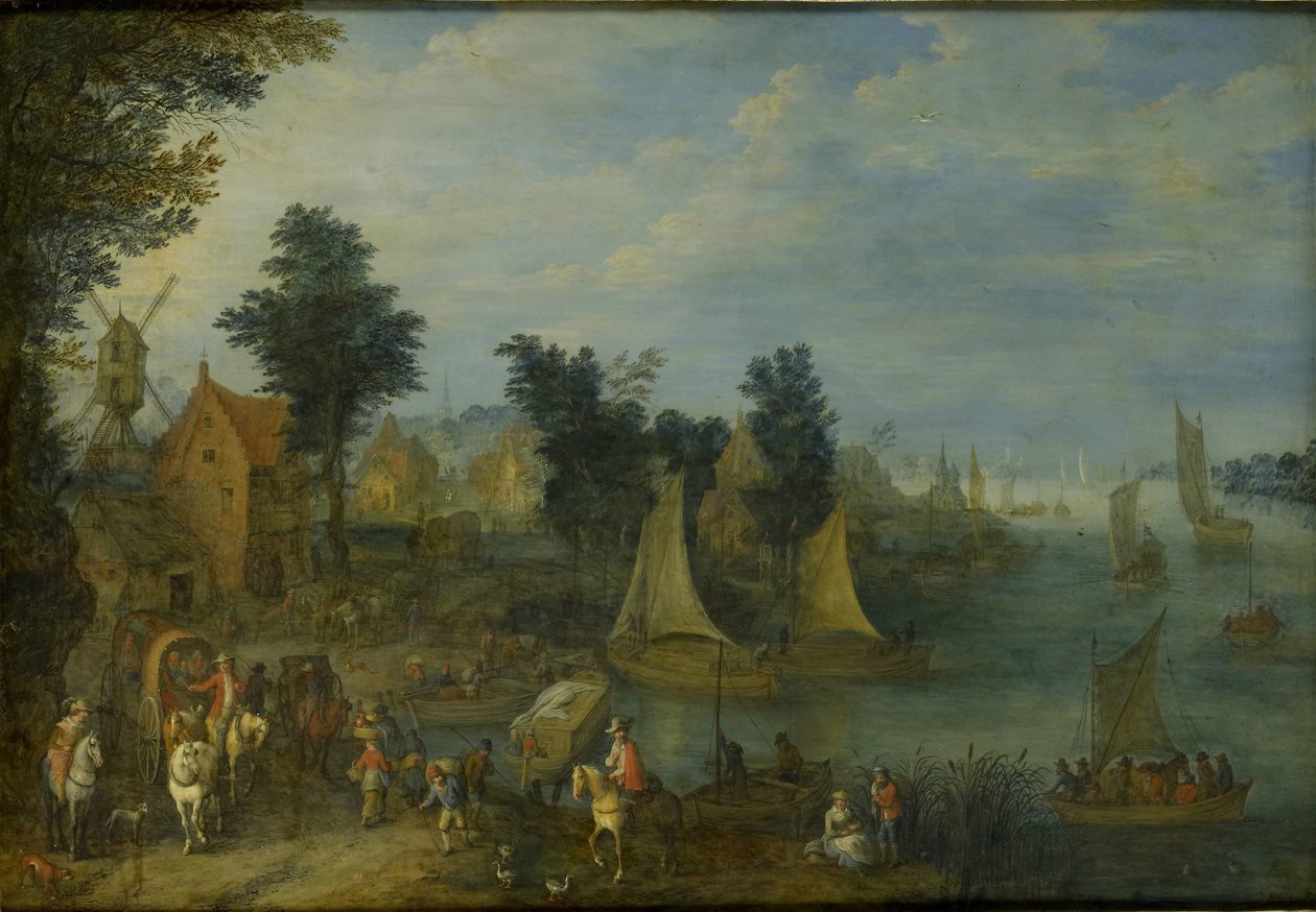 Dorf am Ufer eines Flusses von Joseph van Bredael