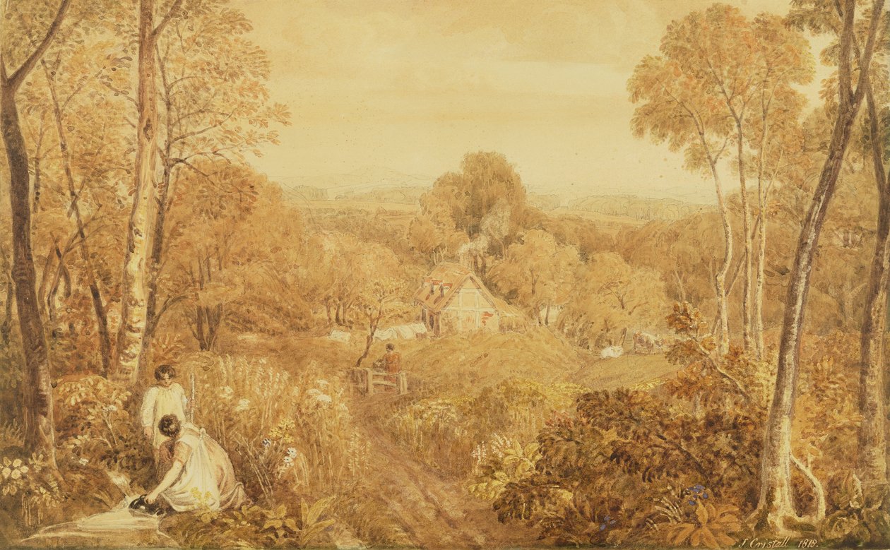 Waldlandschaft mit Hütten und Landfrauen, Hurley, Berks, 1818 von Joshua Cristall