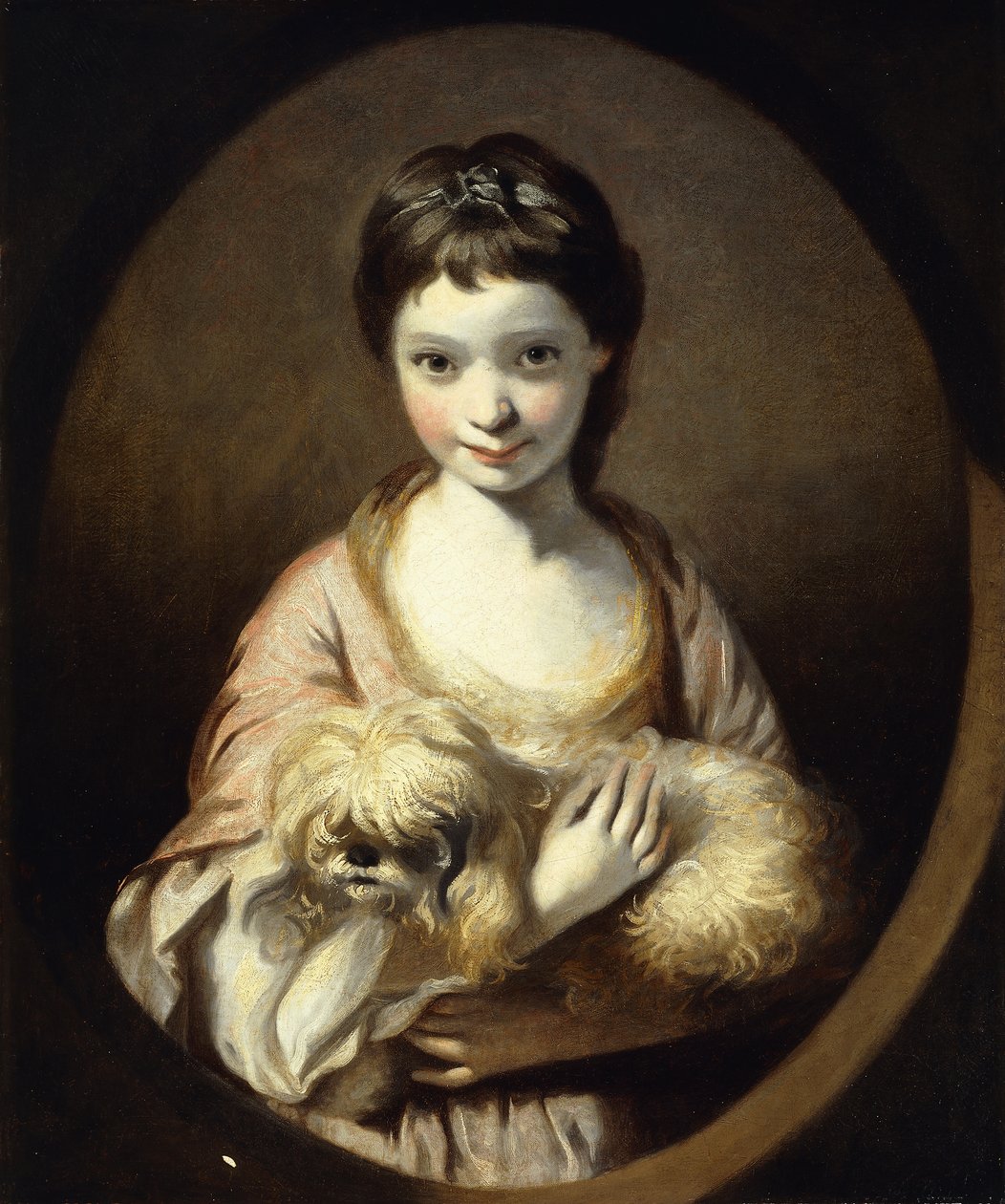 Porträt von Miss Emilia Vansittart, Halbfigur, in einem rosa-weißen Kleid, einen Hund haltend, ca. 1767-68 von Joshua Reynolds