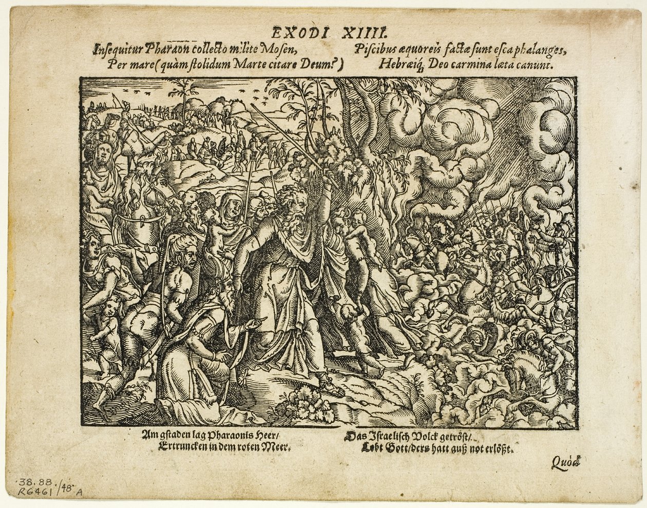 Der Durchzug durch das Rote Meer (recto) und Das Begräbnis von Jakob (verso) aus Neuwe Biblische Figuren, Tafel 48 aus Holzschnitten aus Büchern des XVI. Jahrhunderts von Jost Amman