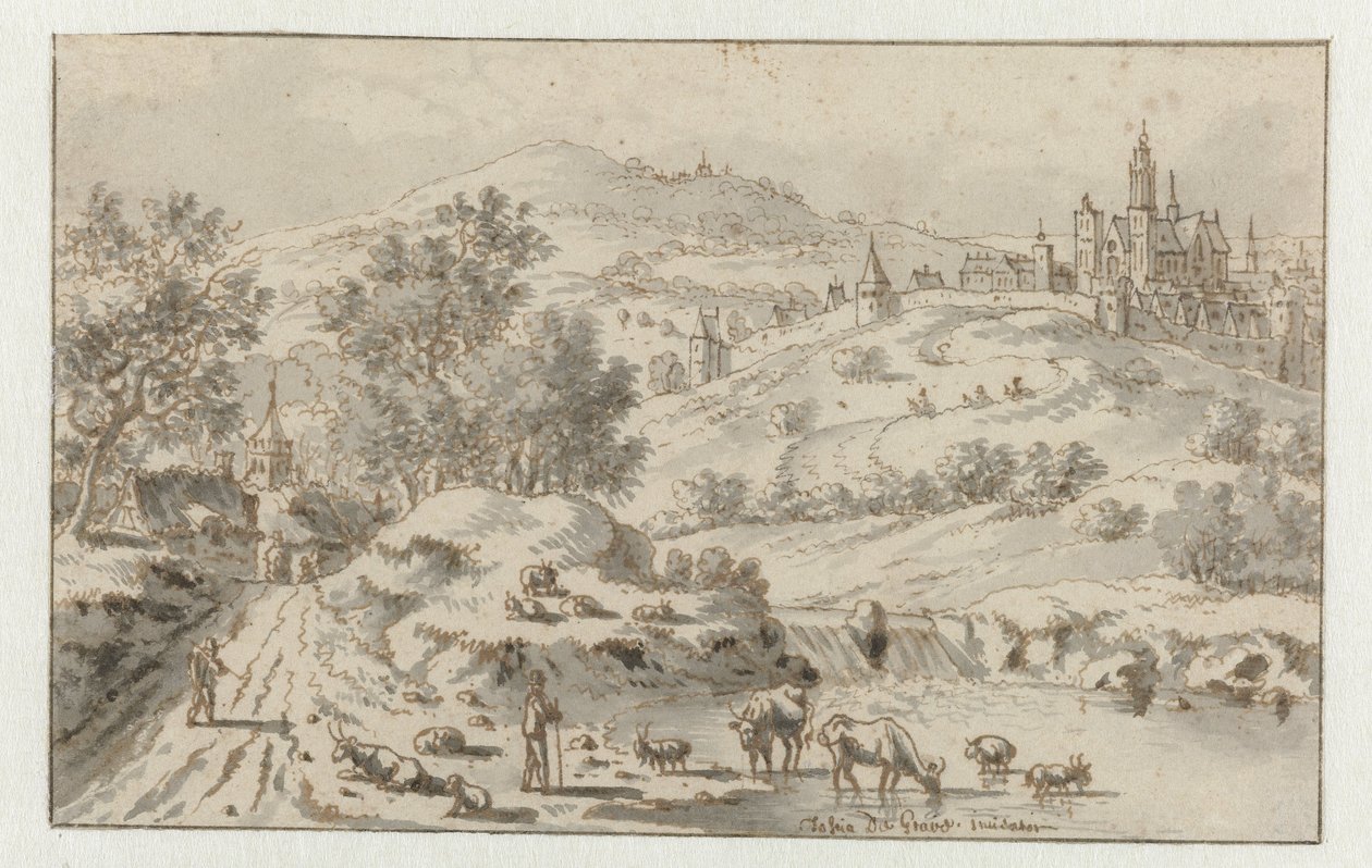 Gebirgige Landschaft mit einer Stadt auf einem Hügel von Josua de Grave
