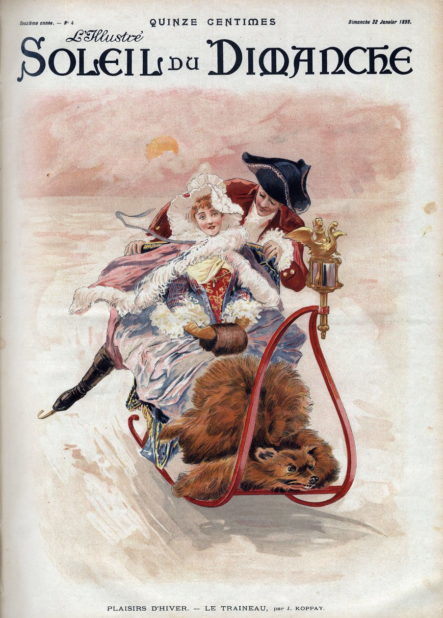 Wintervergnügen: Schlittenfahrt. Ein elegantes Paar beim Rodeln und Schlittschuhlaufen gleitet über den Schnee. Nach J. Koppay. Gravur in „Le Soleil-du-Dimanche“, 22. Januar von Joszi Arpad Koppay