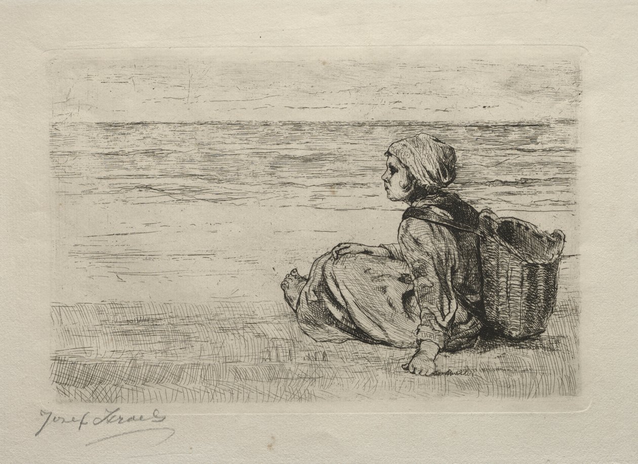 Mädchen mit Korb am Ufer sitzend von Jozef Israëls