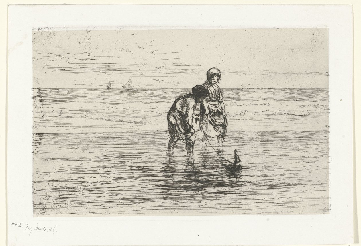 Kinder spielen mit einem Schiffchen am Strand von Jozef Israëls
